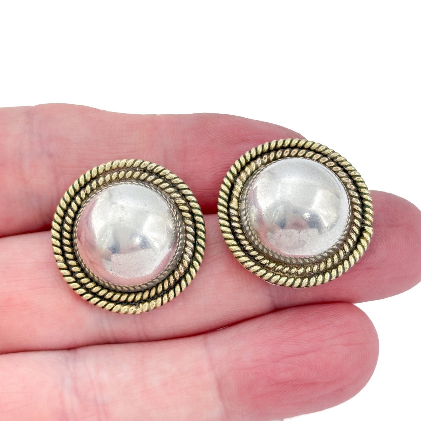Vintage Sterling Silver 925 Domed Brass Rope Earrings