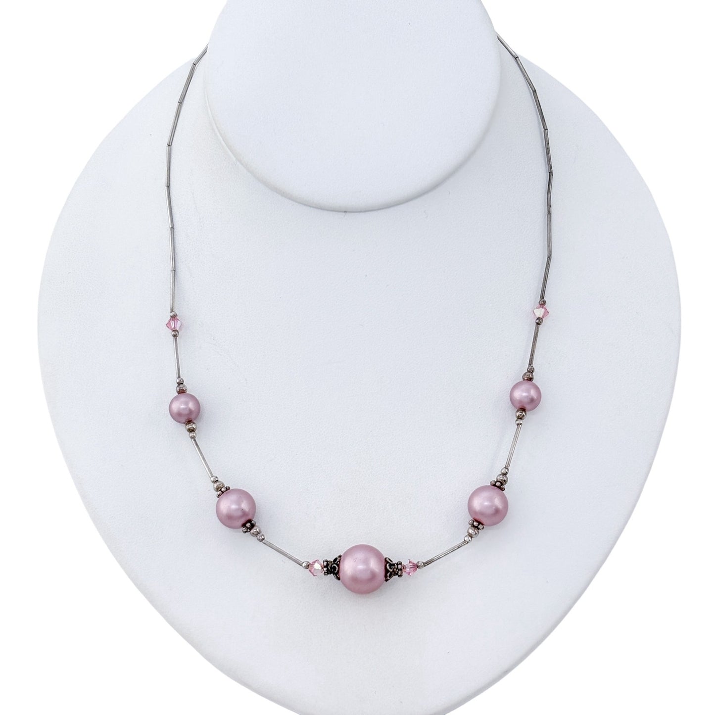 Vintage Sterling Silver 925 Imitation Pink Pearl Crystal Necklace 16"-19"