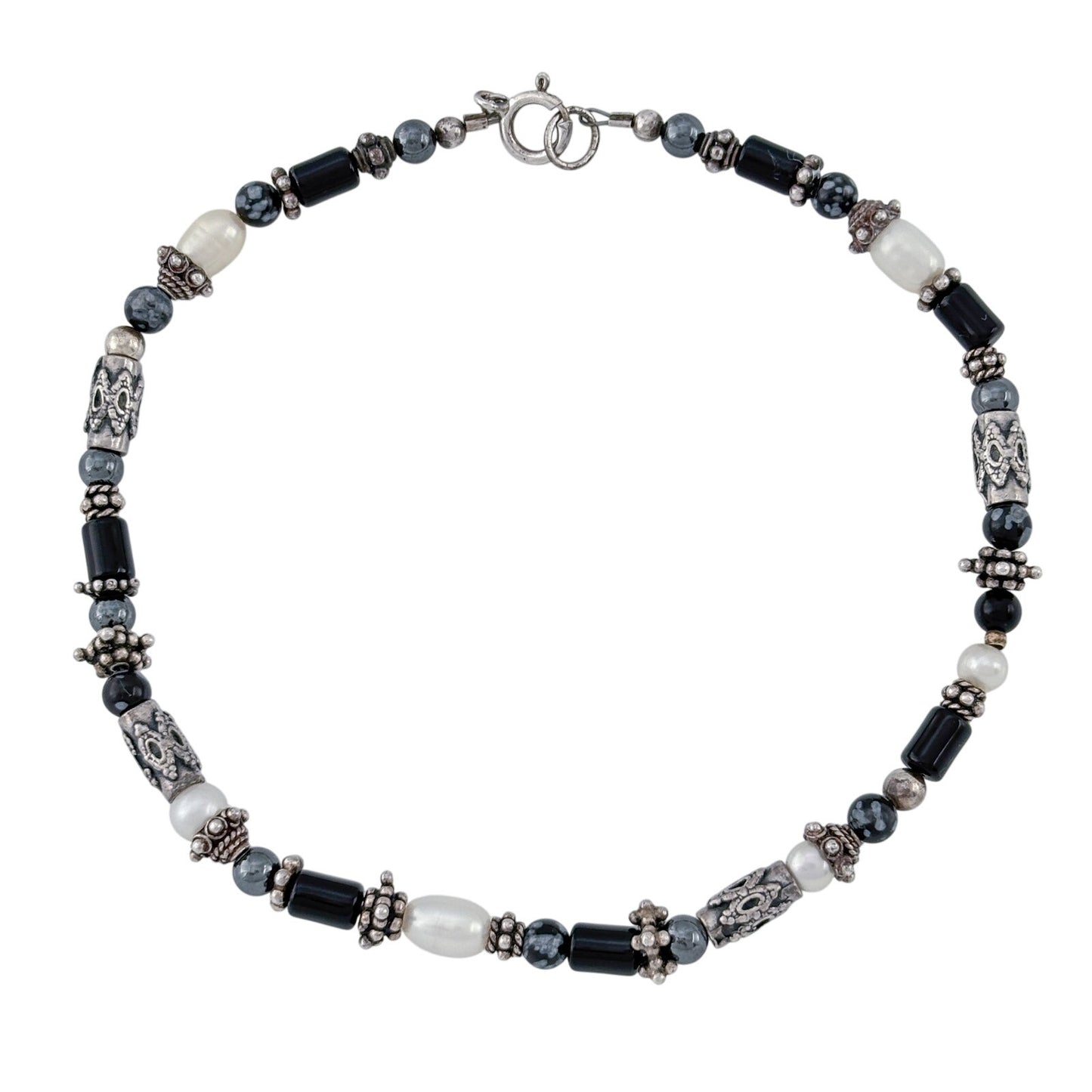 Vintage Sterling Silver 925 Snowflake Obsidian Pearl Anklet 10"