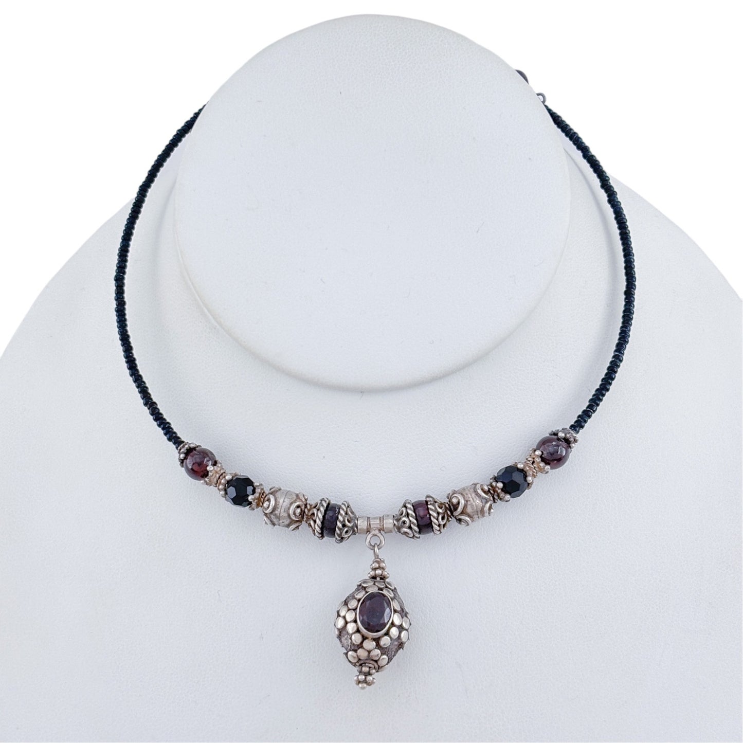 Vintage Sterling Silver 925 Garnet Bead Necklace 16"