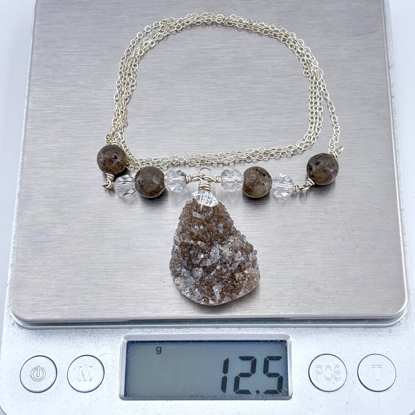 Vintage Deb Guyot Sterling Silver 925 Druzy Smoky Quartz Pendant Necklace 30"