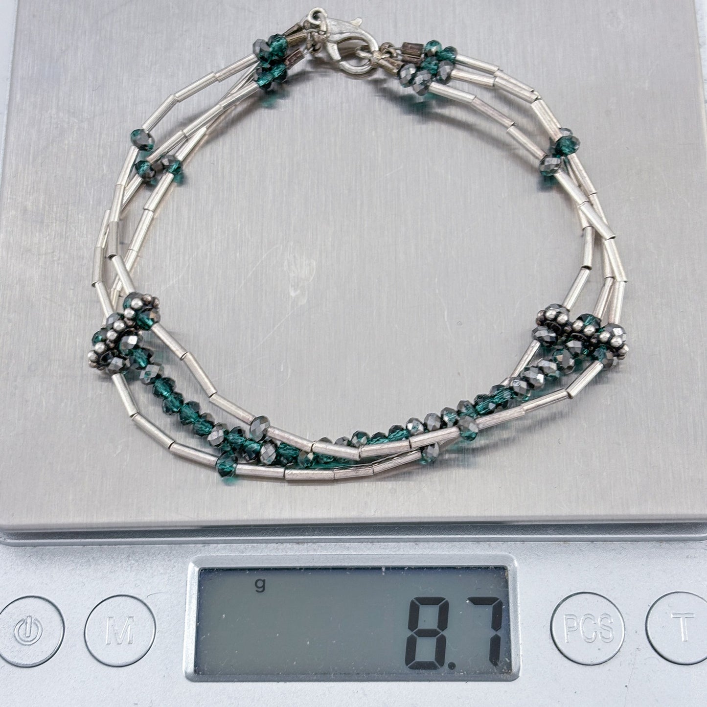 Vintage Sterling Silver 925 Multi Strand Green Crystal Bracelet 8"