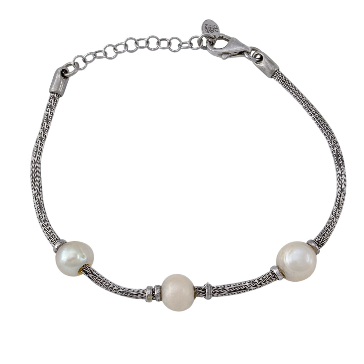 Vintage Sterling Silver 925 Pearl Mesh Chain Bracelet 6.5"-7.5"