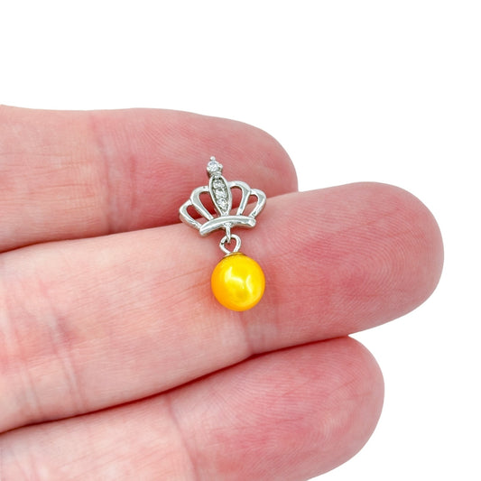 Vintage Sterling Silver 925 Yellow Pearl Dangle Cubic Zirconia Crown Pendant