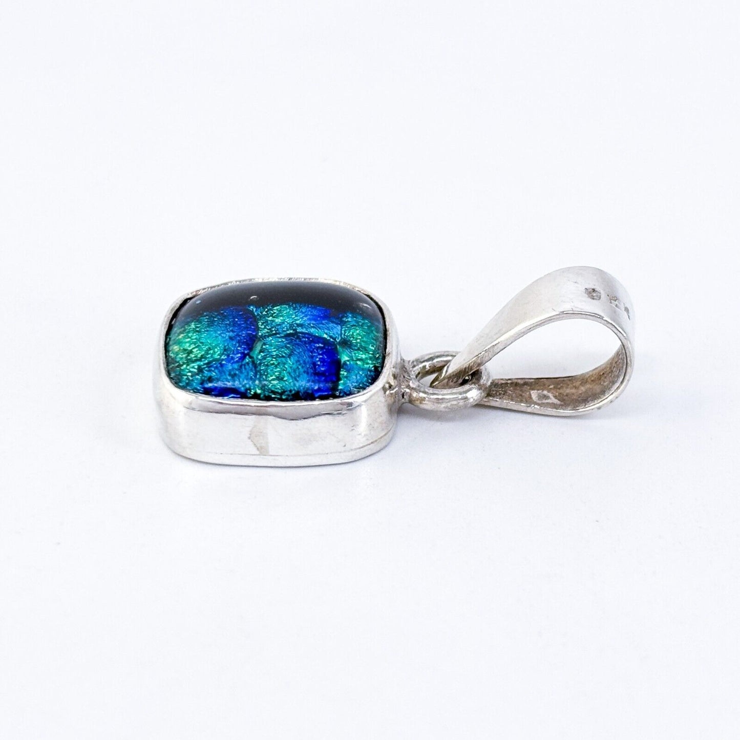 Vintage Artisan Sterling Silver 925 Blue Green Dichroic Glass Pendant