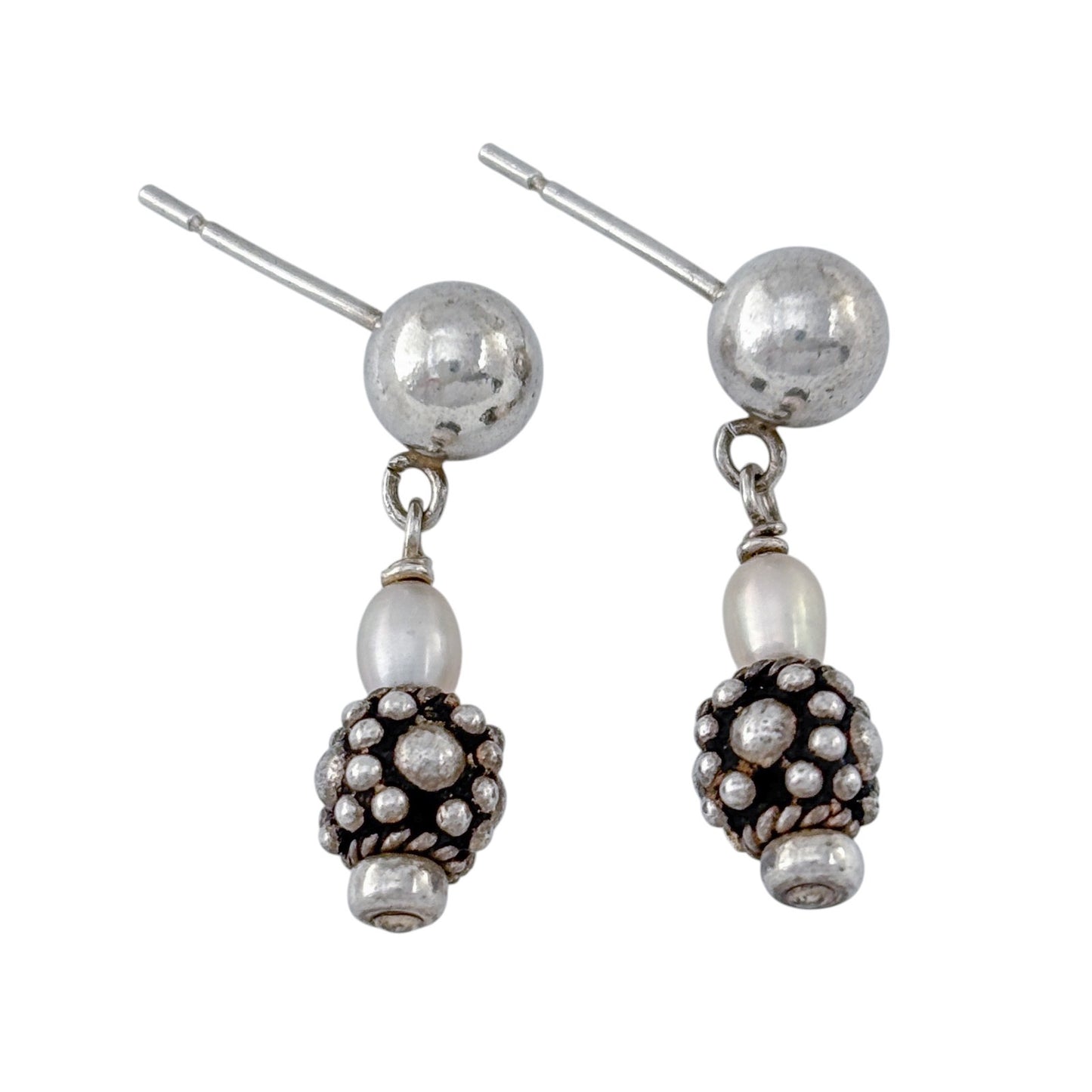 Vintage Sterling Silver 925 Pearl Bead Dangle Stud Earrings