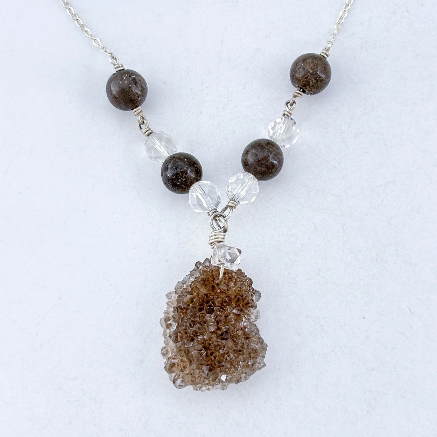 Vintage Deb Guyot Sterling Silver 925 Druzy Smoky Quartz Pendant Necklace 30"