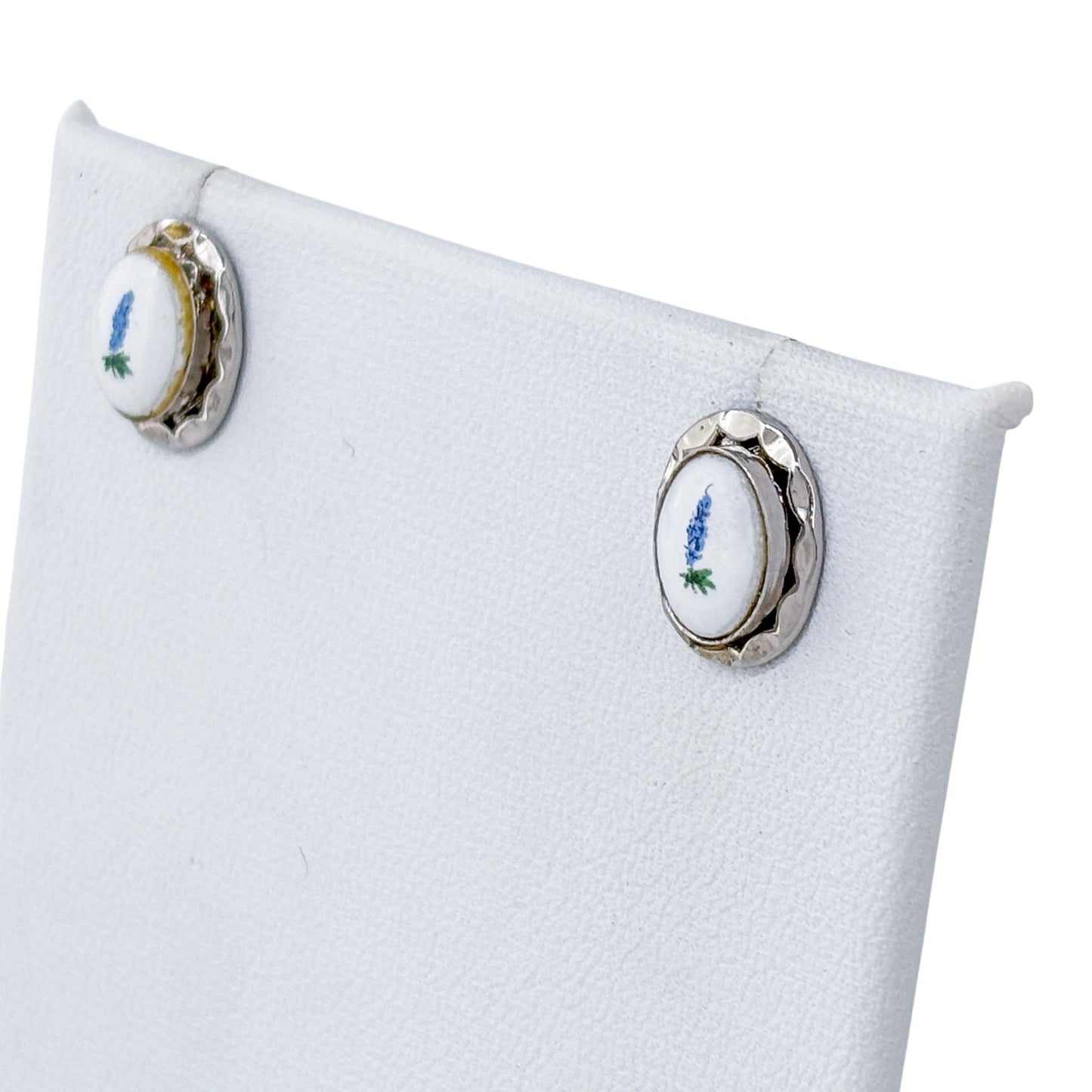 Vintage Sterling Silver 925 Blue Flower Porcelain Stud Earrings