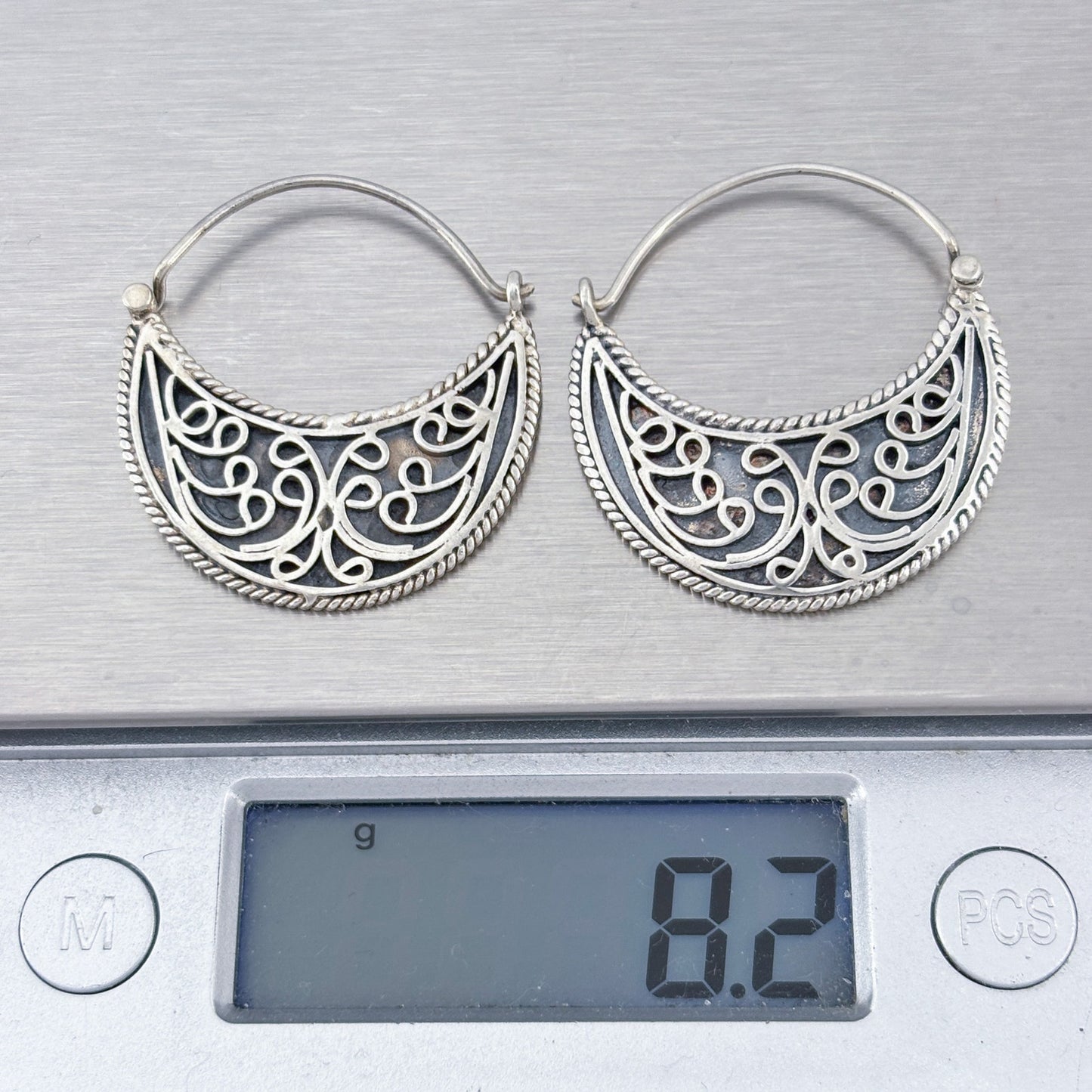 Vintage Sterling Silver 925 Filigree Crescent Hoop Earrings