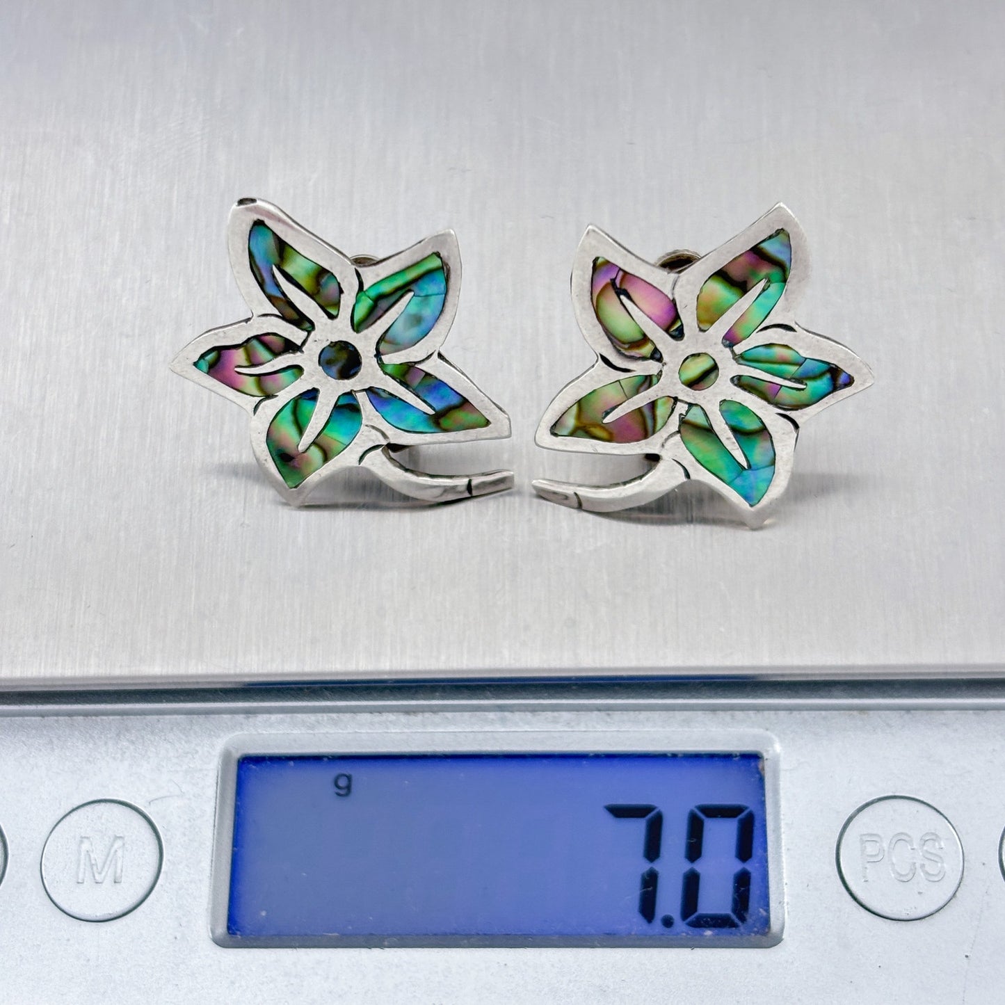 Vintage Mexico Taxco Sterling Silver 925 Abalone Flower Screwback Earrings