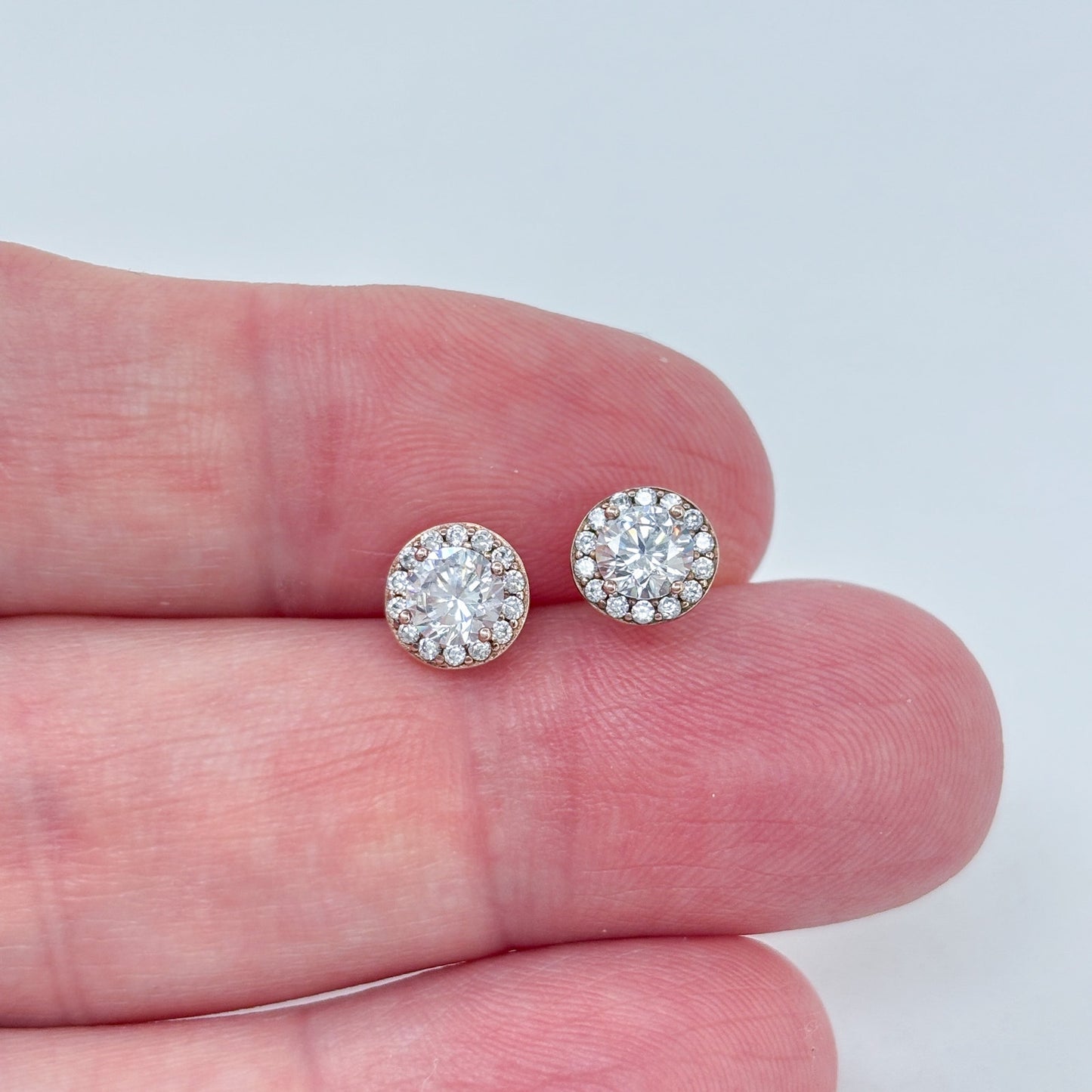 Vintage Rose Gold-Tone Sterling Silver 925 Cubic Zirconia Halo Stud Earrings