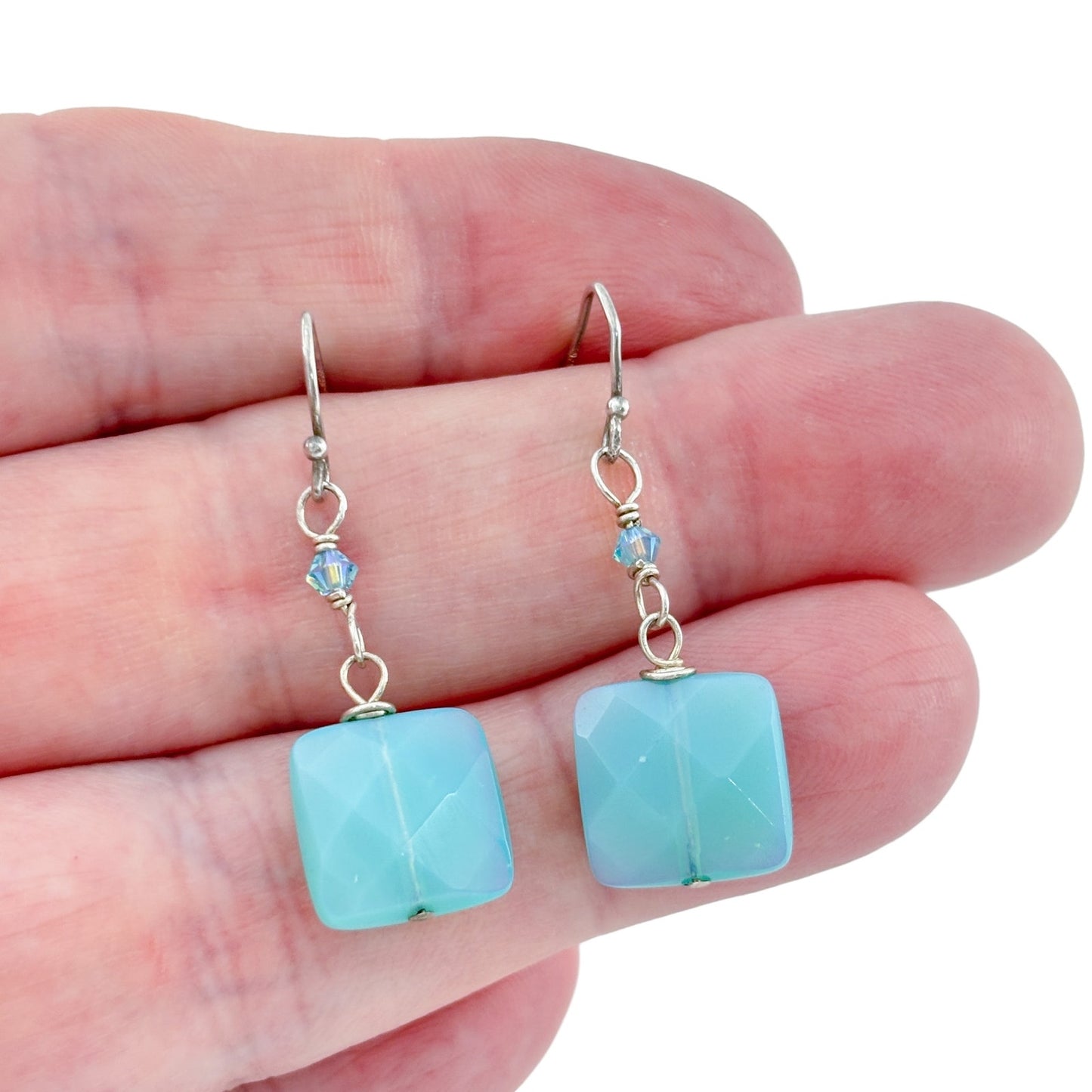Vintage Sterling Silver 925 Crystal & Glass Square Bead Dangle Earrings