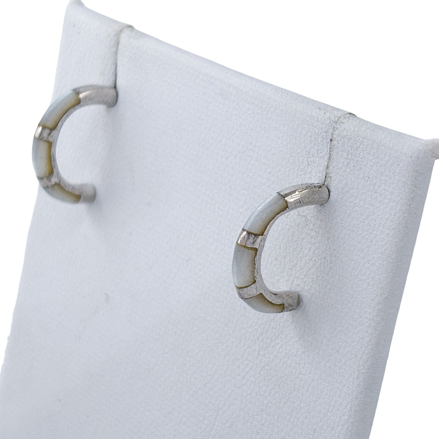 Vintage Sterling Silver 925 Mother of Pearl Inlay Hoop Earrings