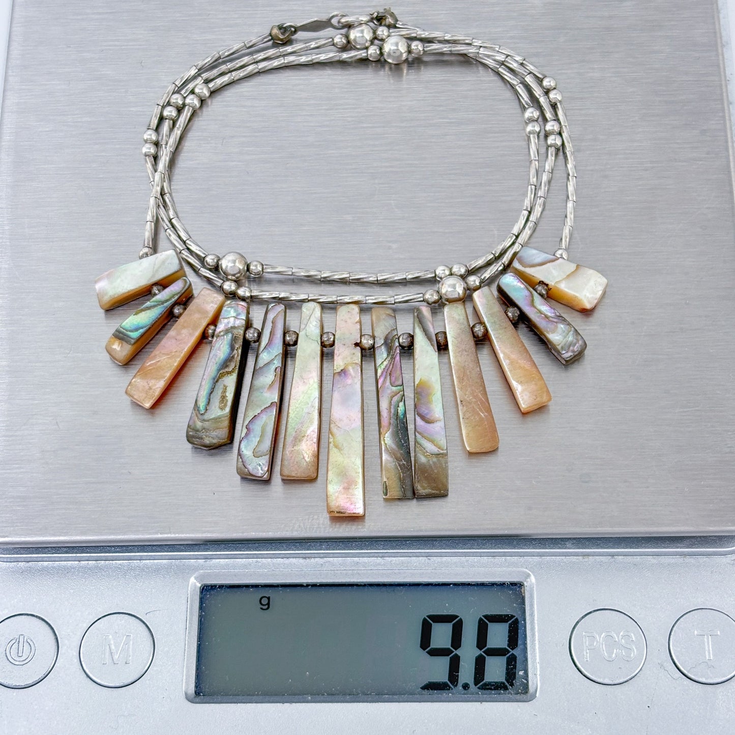Vintage Sterling Silver 925 Abalone Shell Bib Necklace 18.5"