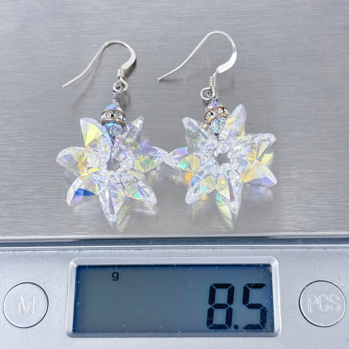 Vintage Sterling Silver 925 Aurora Borealis AB Crystal Star Dangle Earrings