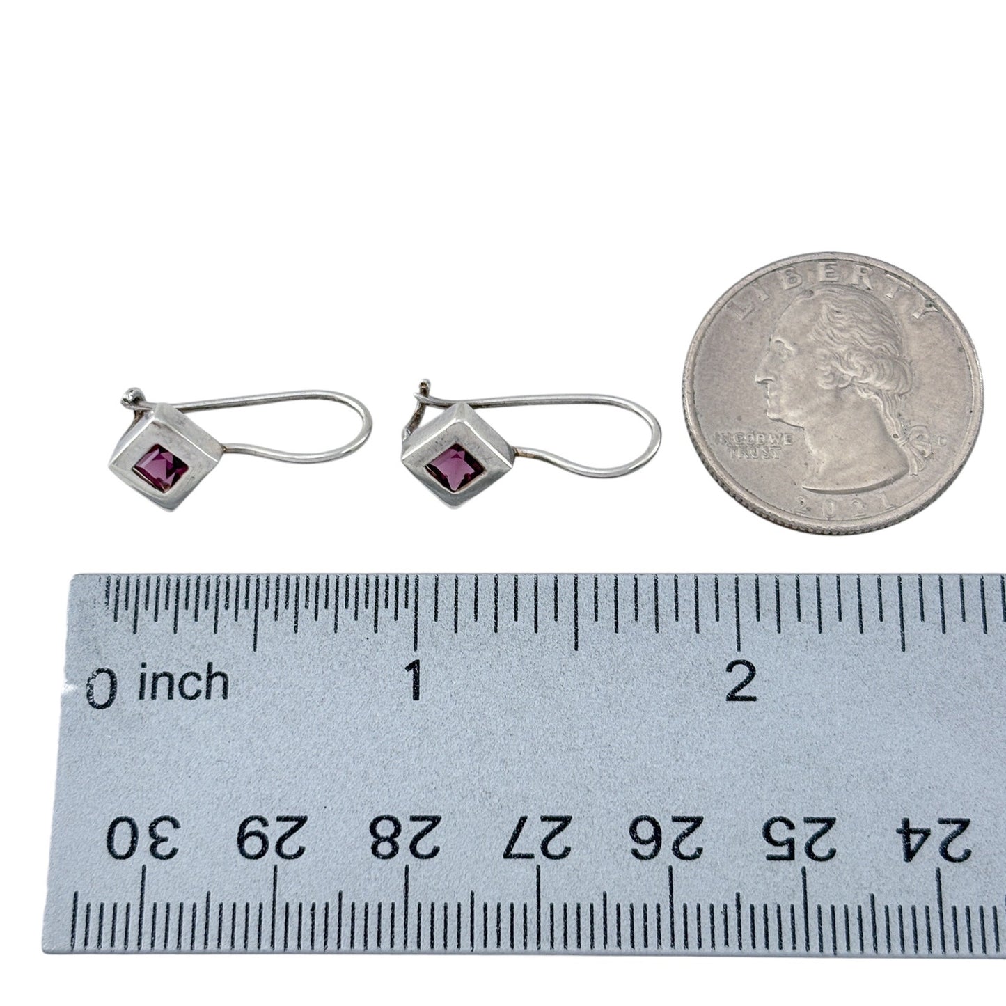 Vintage Sterling Silver 925 Purple Crystal Square Drop Earrings
