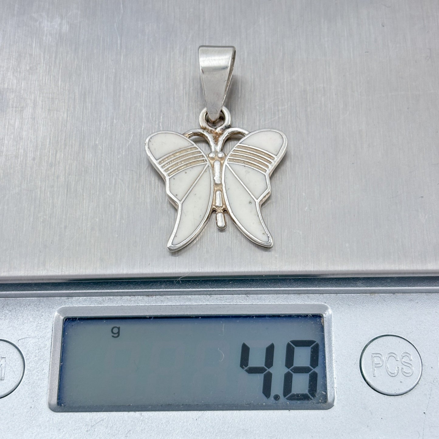 Vintage Mexico Taxco Sterling Silver 925 White Enamel Butterfly Pendant