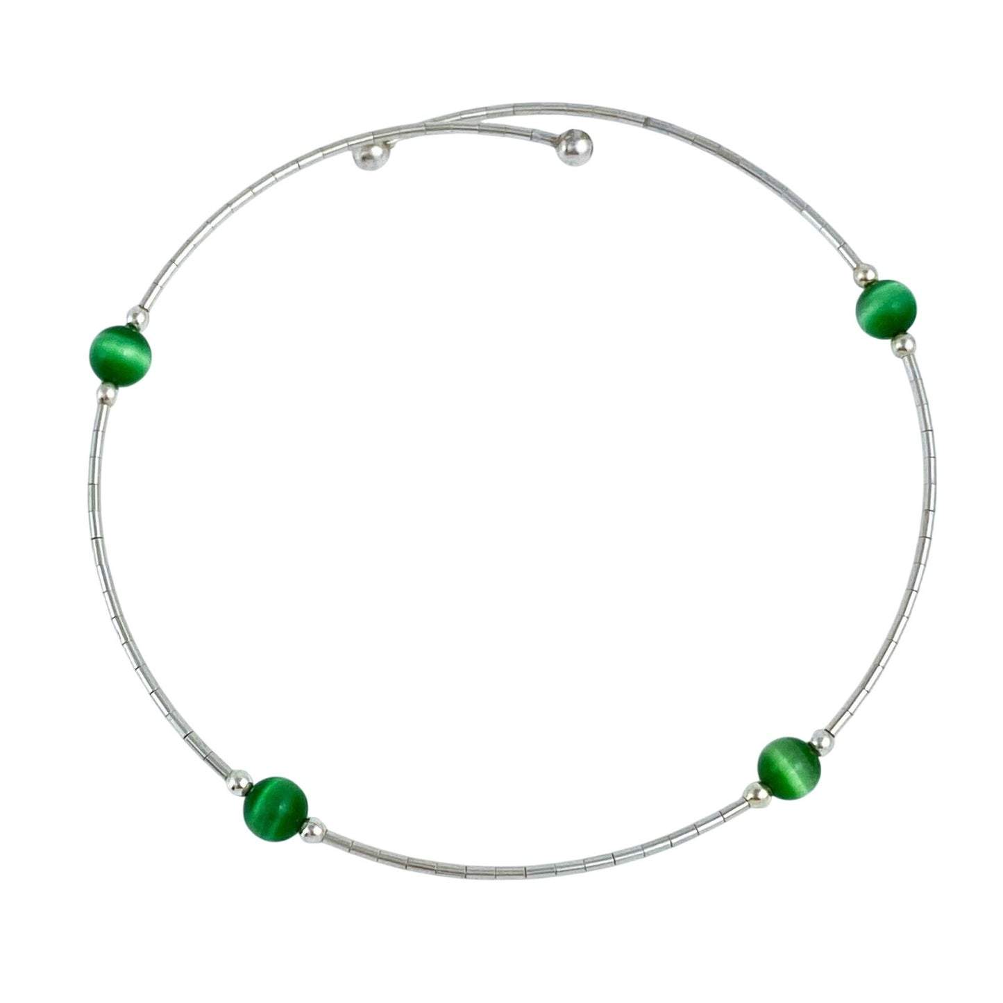 Vintage Sterling Silver 925 Green Cat’s Eye Memory Wire Bracelet 7.5"
