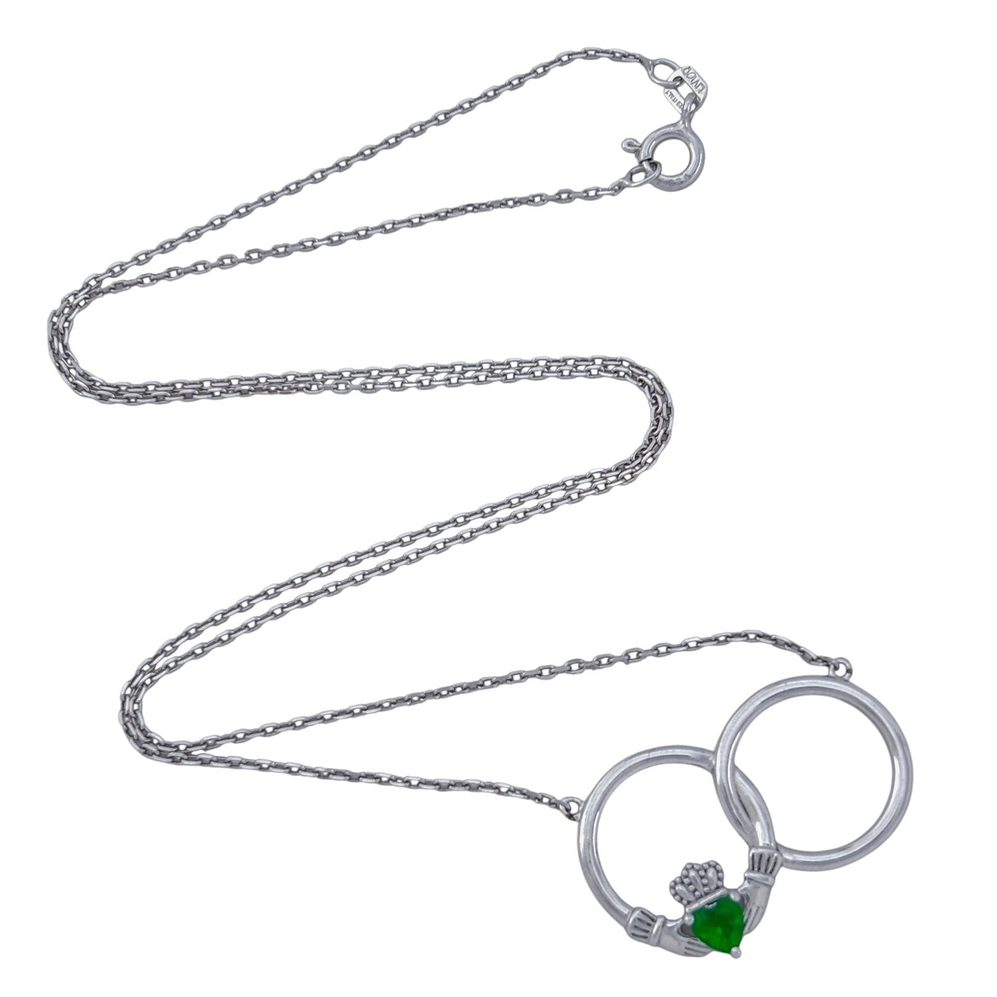Vintage Sterling Silver 925 Claddagh Lab-Created Emerald Necklace 18"