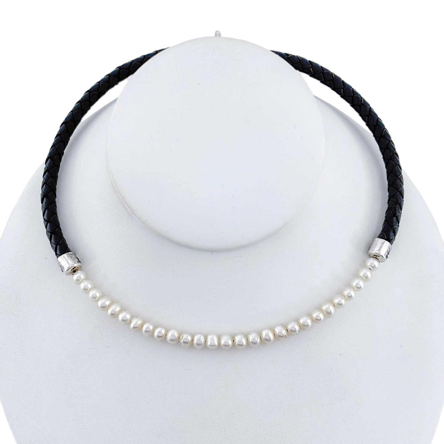 Vintage Sterling Silver 925 Black Braided Leather Pearl Necklace 16.5"