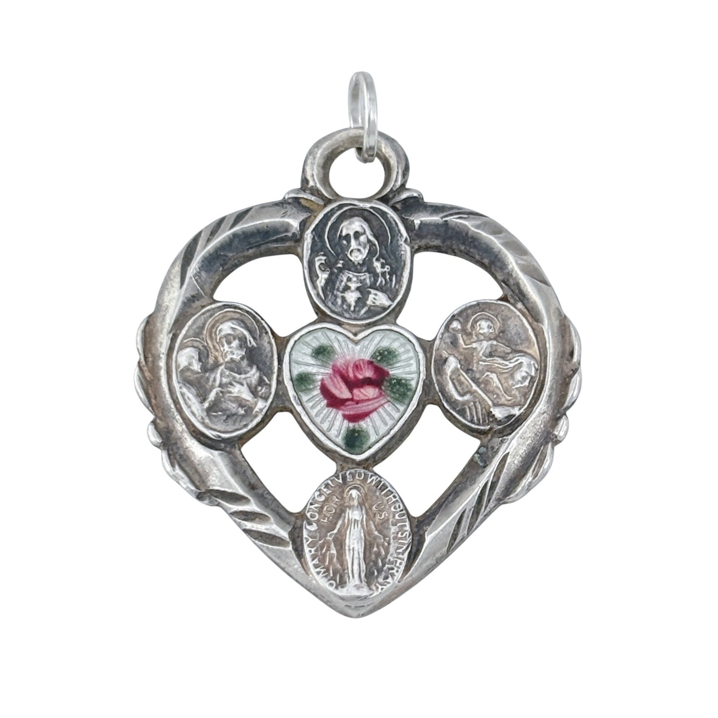 Vintage Sterling Silver 925 Sacred Heart Rose Pendant