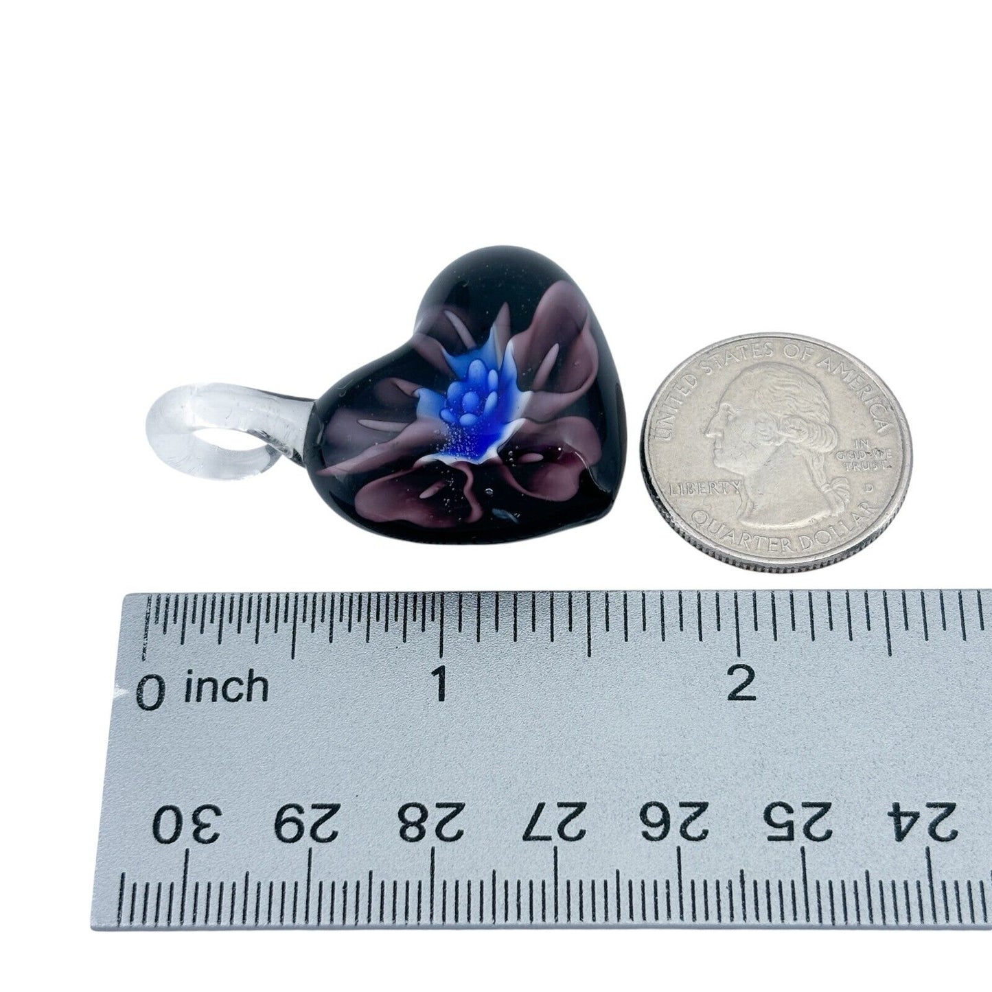 Purple Glass Heart Pendant with Blue Floral Design