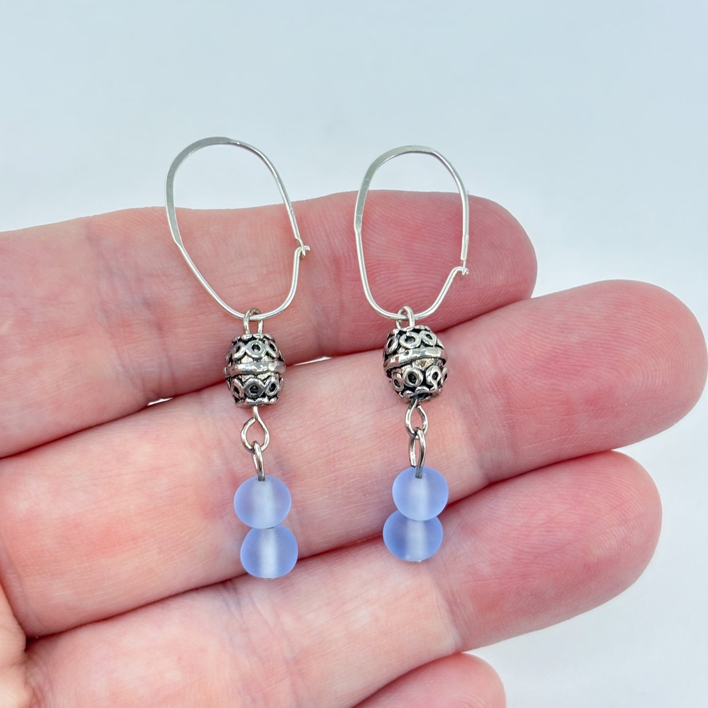 Vintage Sterling Silver 925 Blue Frosted Glass Filigree Drop Earrings