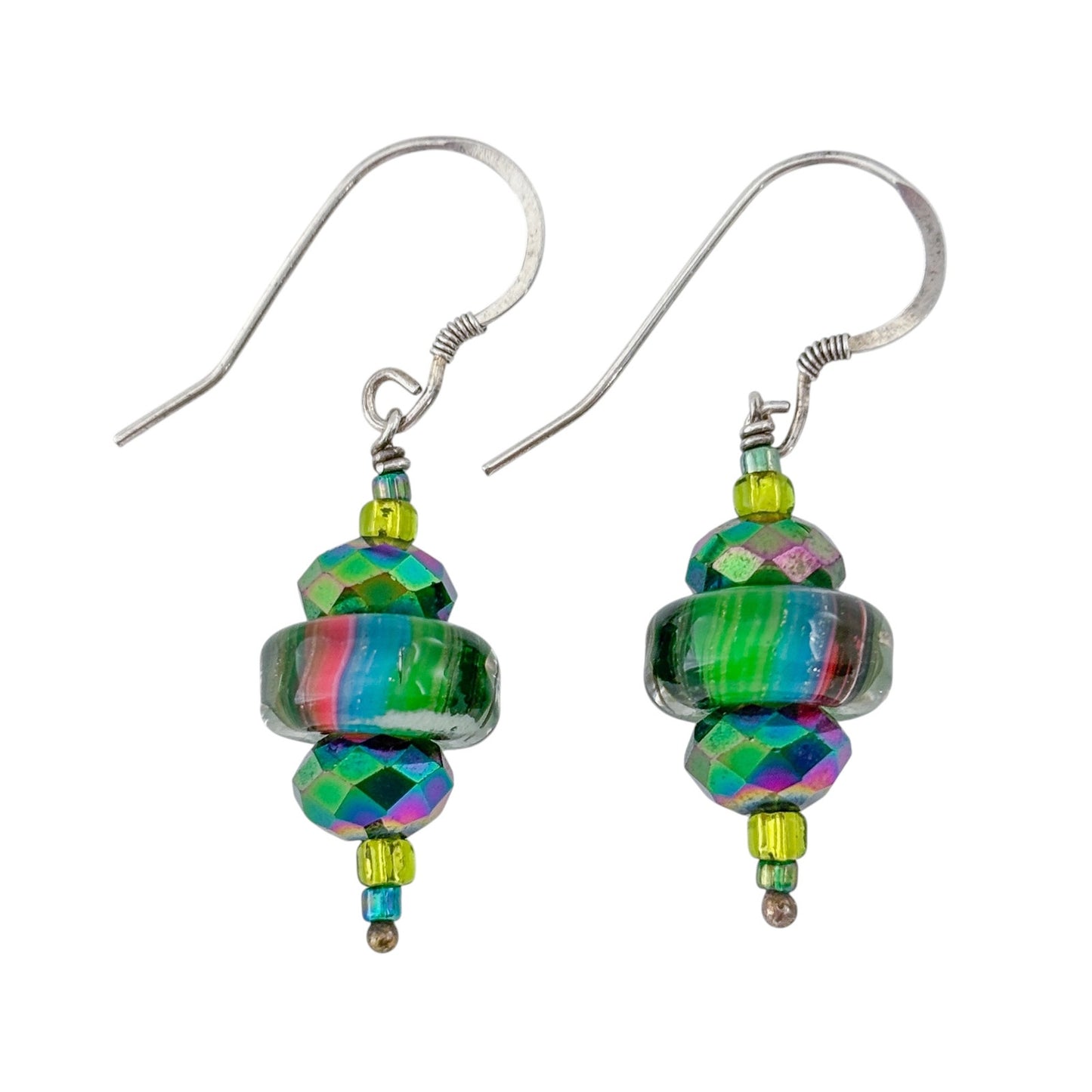 Vintage Sterling Silver 925 Green Rainbow Glass Bead Dangle Earrings