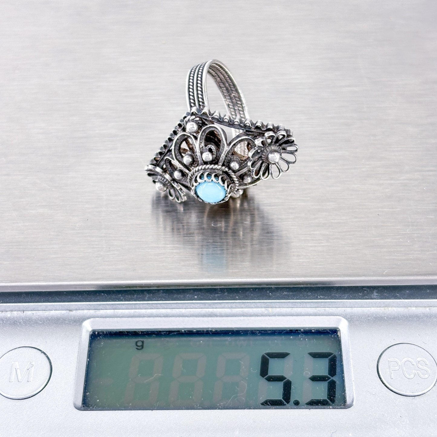 Vintage Sterling Silver 925 Filigree Persian Turquoise Ring Size 6