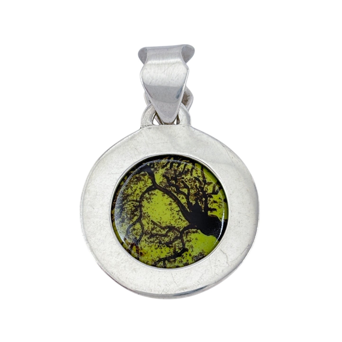 Vintage Sterling Silver 925 Green Fused Glass Tree Pendant