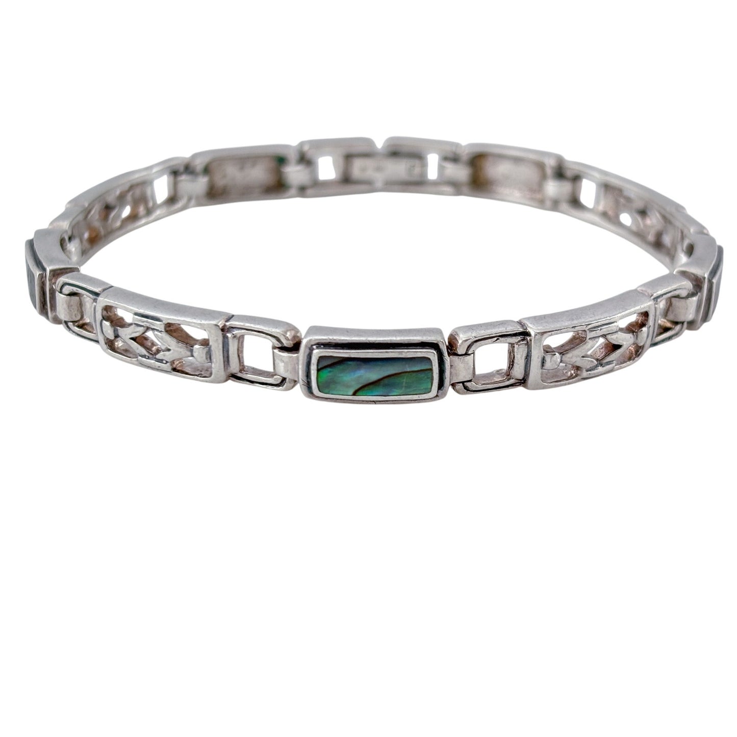 Vintage Sterling Silver 925 Abalone Inlay Link Bracelet 7"
