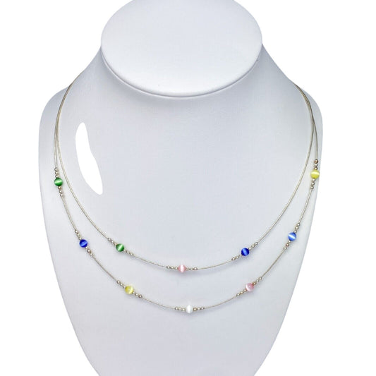 Vintage Sterling Silver 925 Multicolor Cat’s Eye Necklace 15.5-17.5"