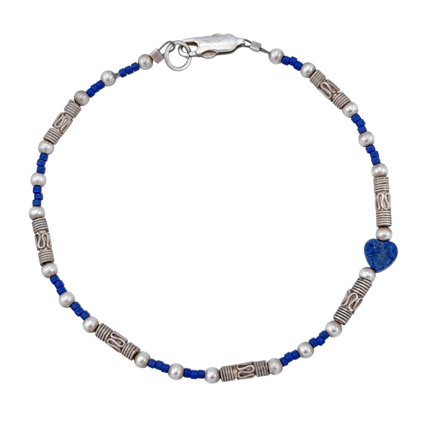 Vintage Sterling Silver 925 Lapis Lazuli Heart Beaded Bracelet 8"
