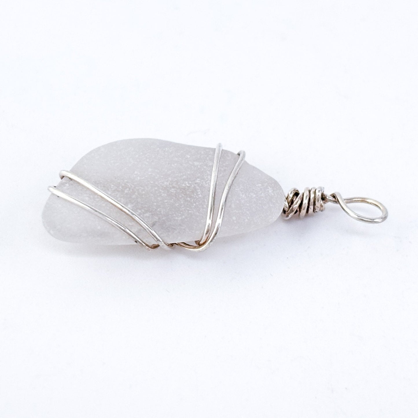 Vintage Silver Plated Frosted White Sea Glass Wire Wrapped Pendant