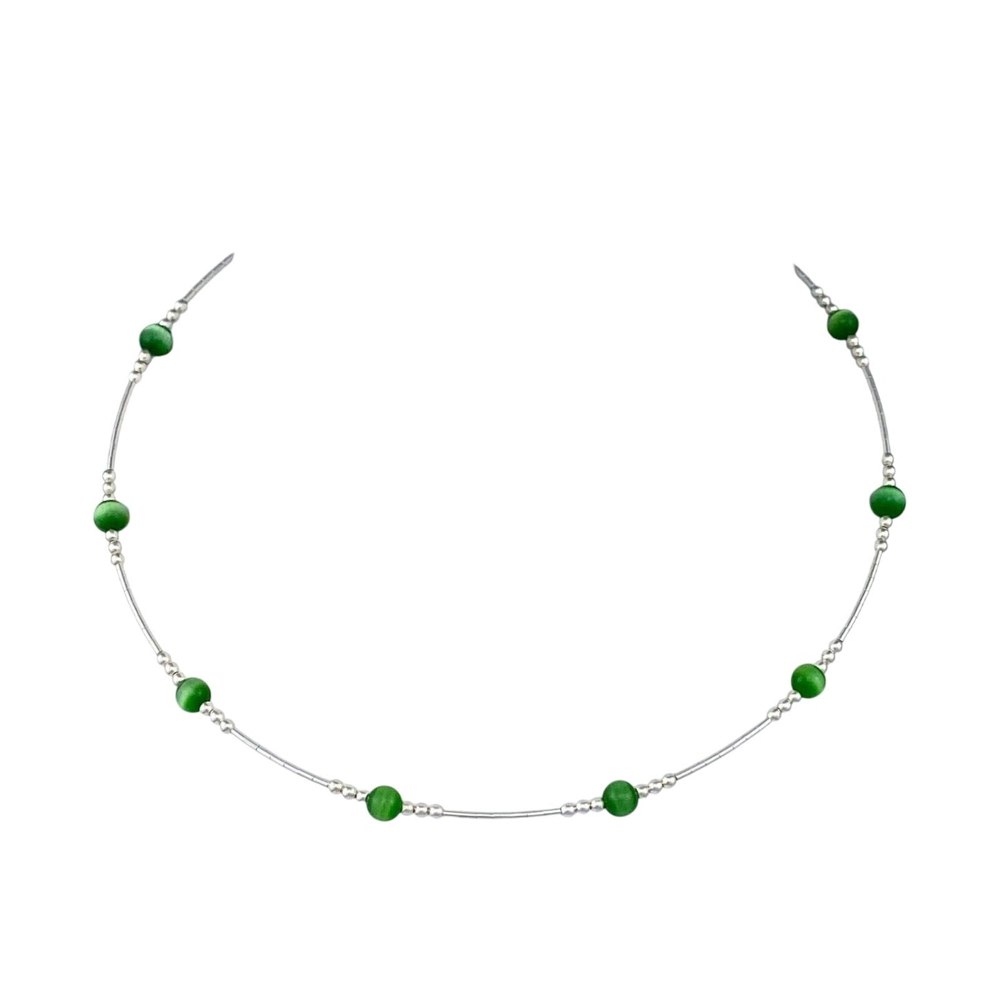 Vintage Sterling Silver 925 Green Cat’s Eye Memory Wire Necklace 16"