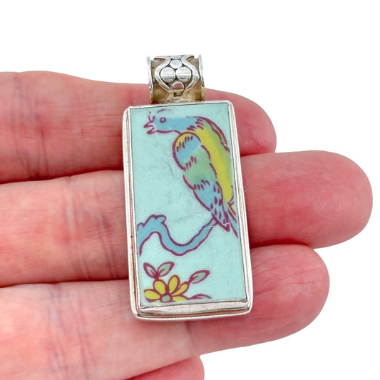 Vintage Sterling Silver 925 Porcelain Bird Pendant