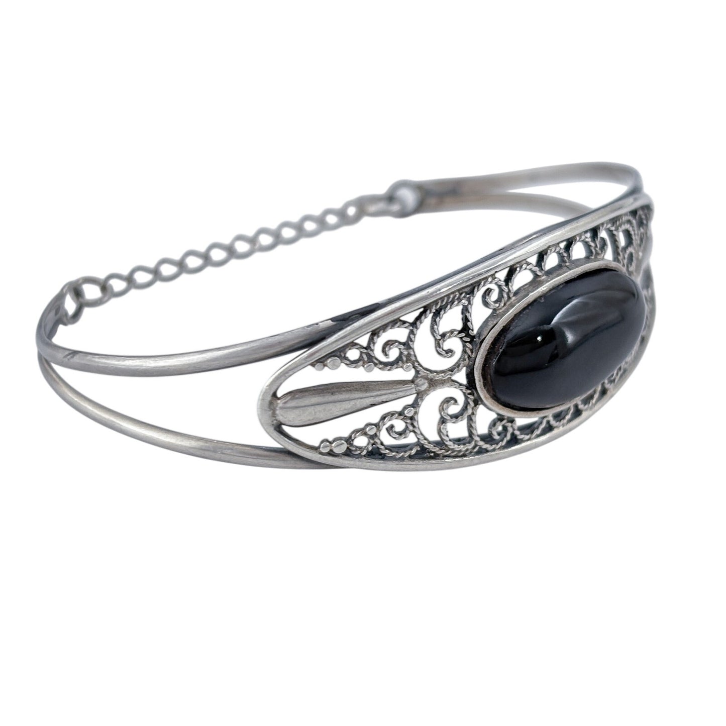 Vintage Sterling Silver 925 Onyx Filigree Cuff Bracelet 7"