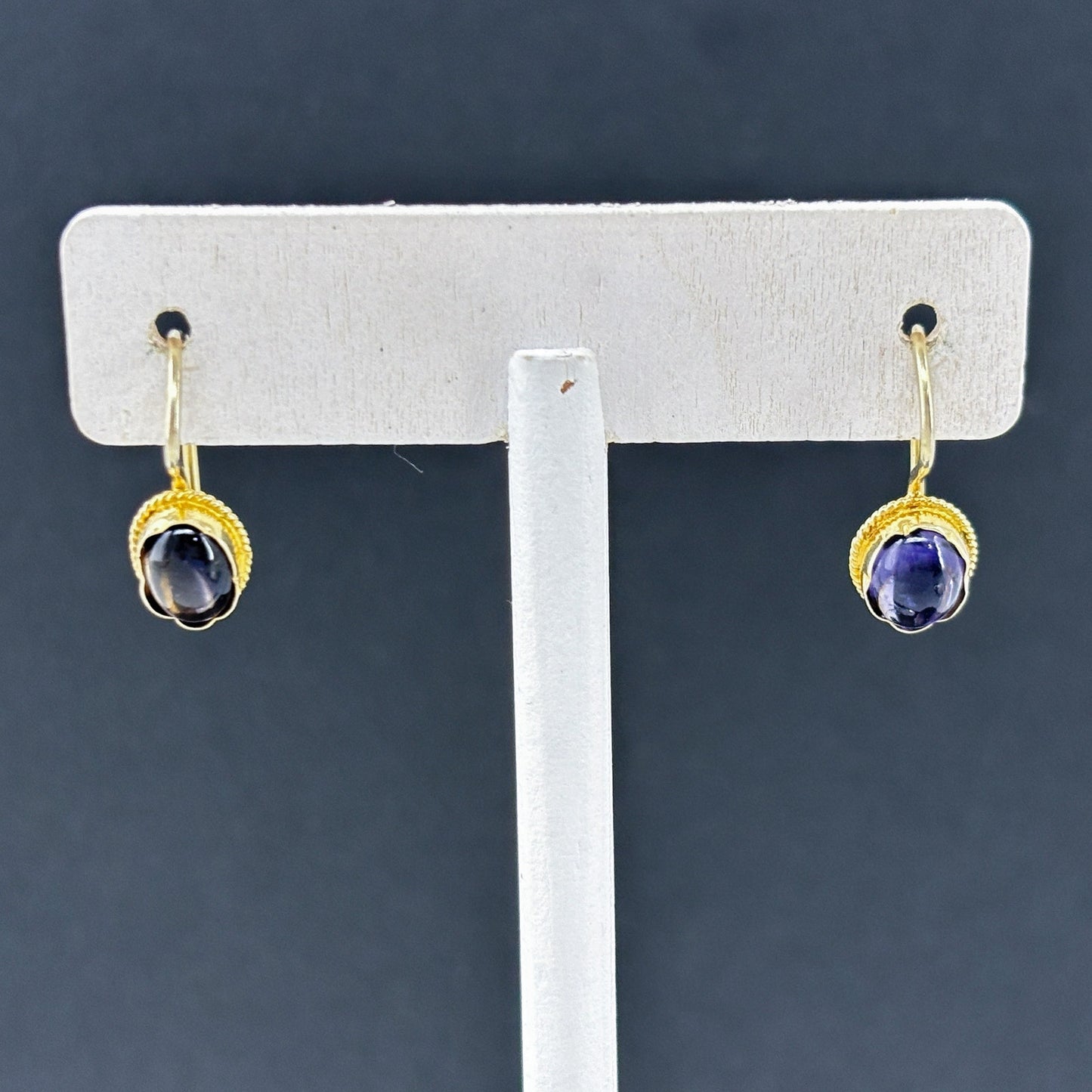 Estate Gold-Tone Sterling Silver 925 Purple Glass Drop Earrings