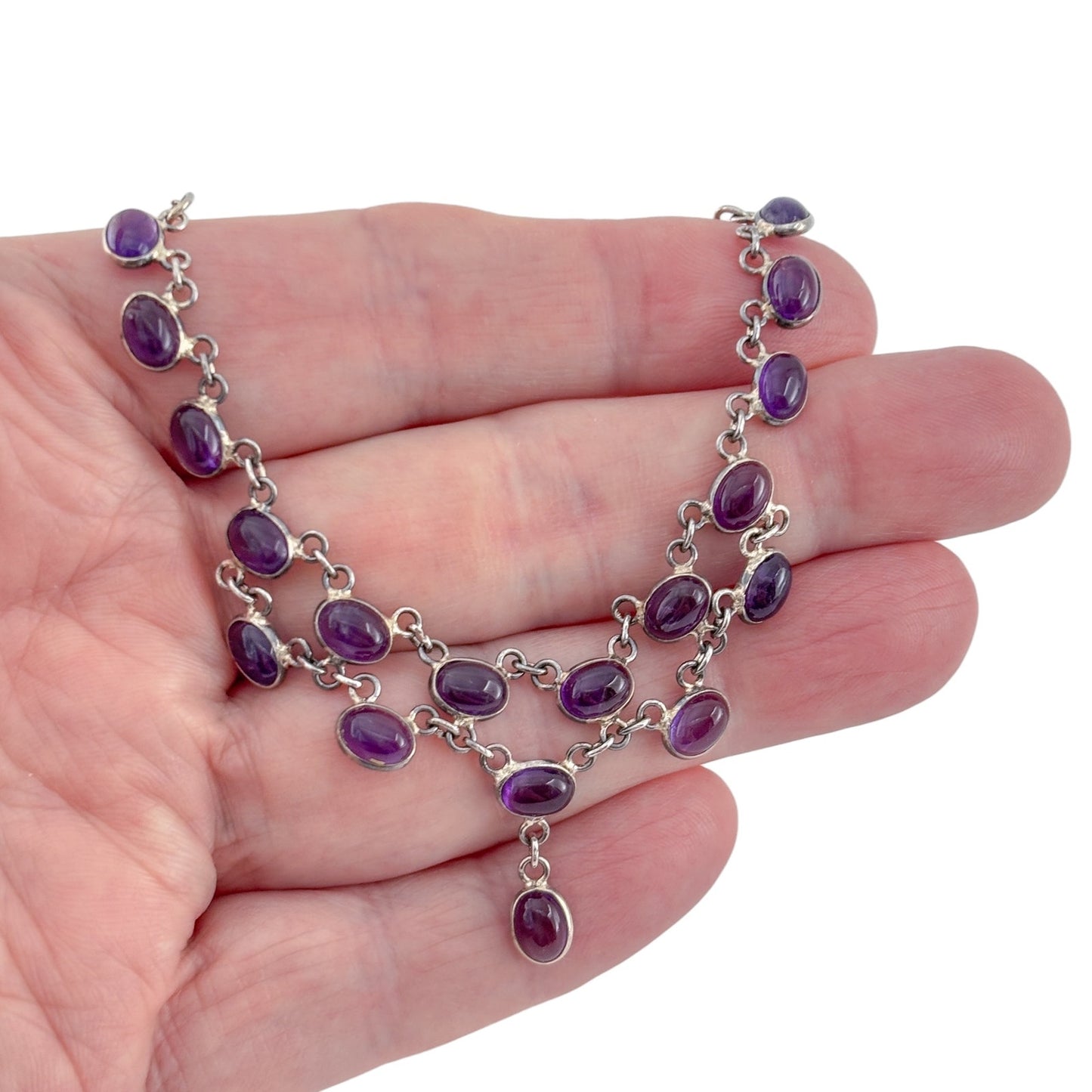 Vintage Sterling Silver 925 Amethyst Layered Bib Necklace Pendant 17"