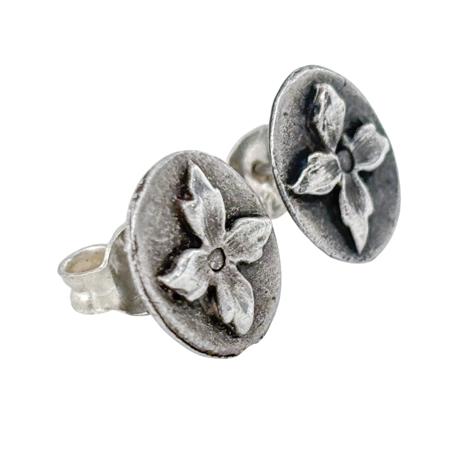 Vintage Sterling Silver 925 Floral Oval Stud Earrings