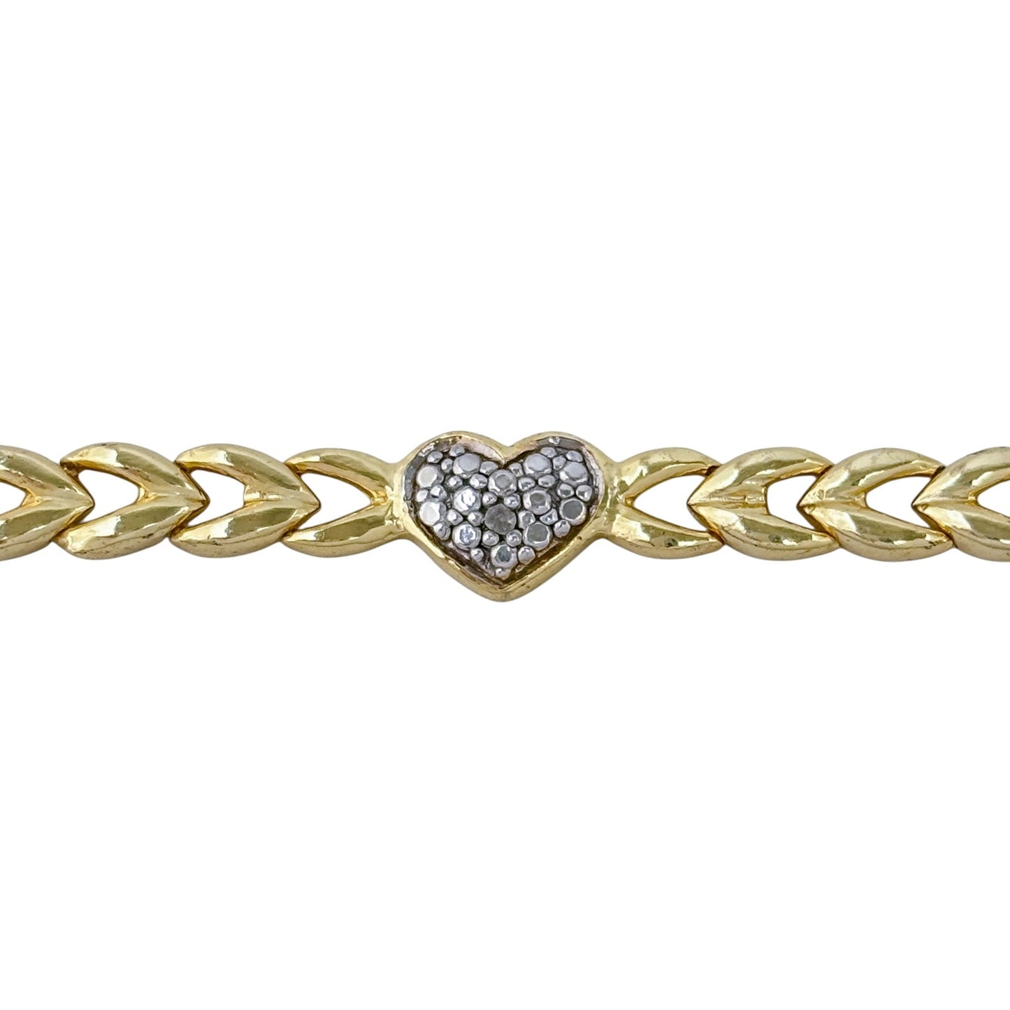 Vintage Gold-Tone Sterling Silver 925 Diamond Heart Link Bracelet 7.5"
