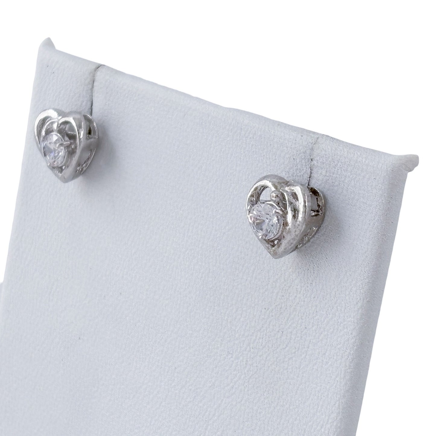 Vintage Sterling Silver 925 Cubic Zirconia Heart Stud Earrings