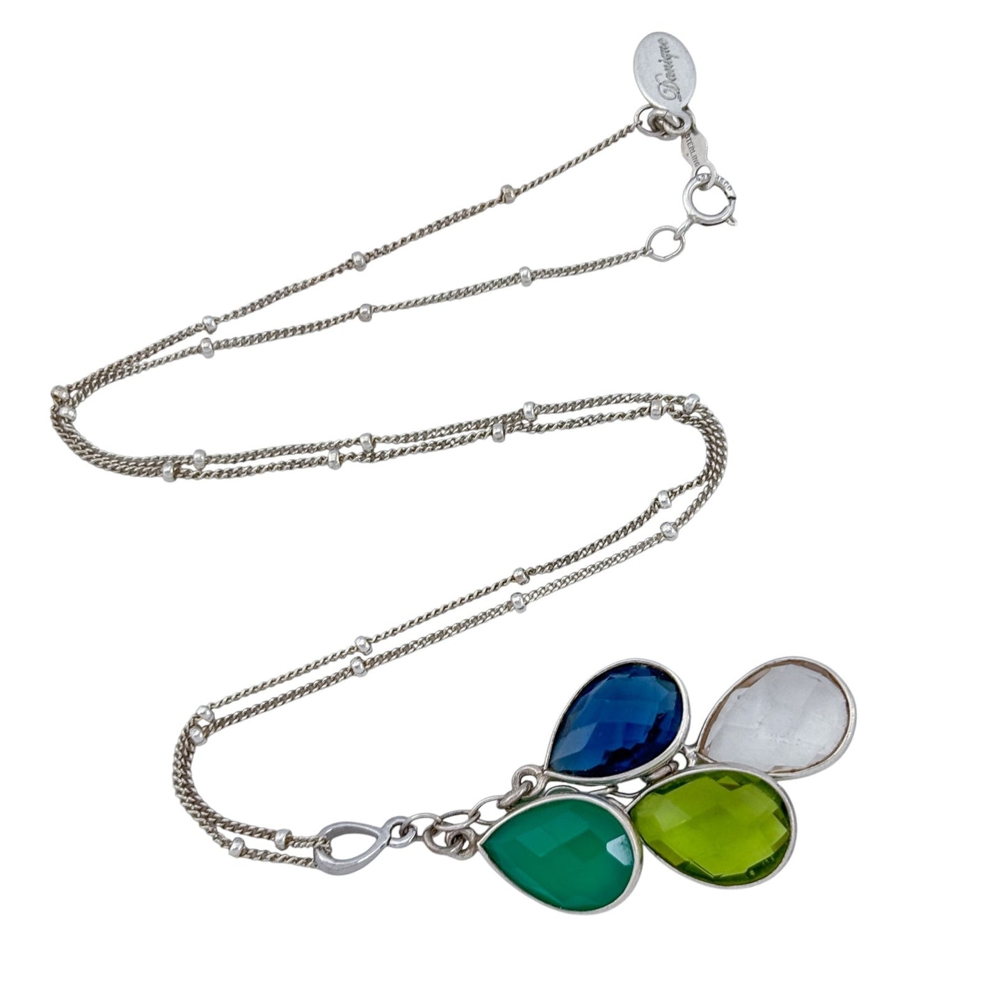 Vintage Sterling Silver 925 Blue Green Glass Teardrop Pendant Necklace 16"