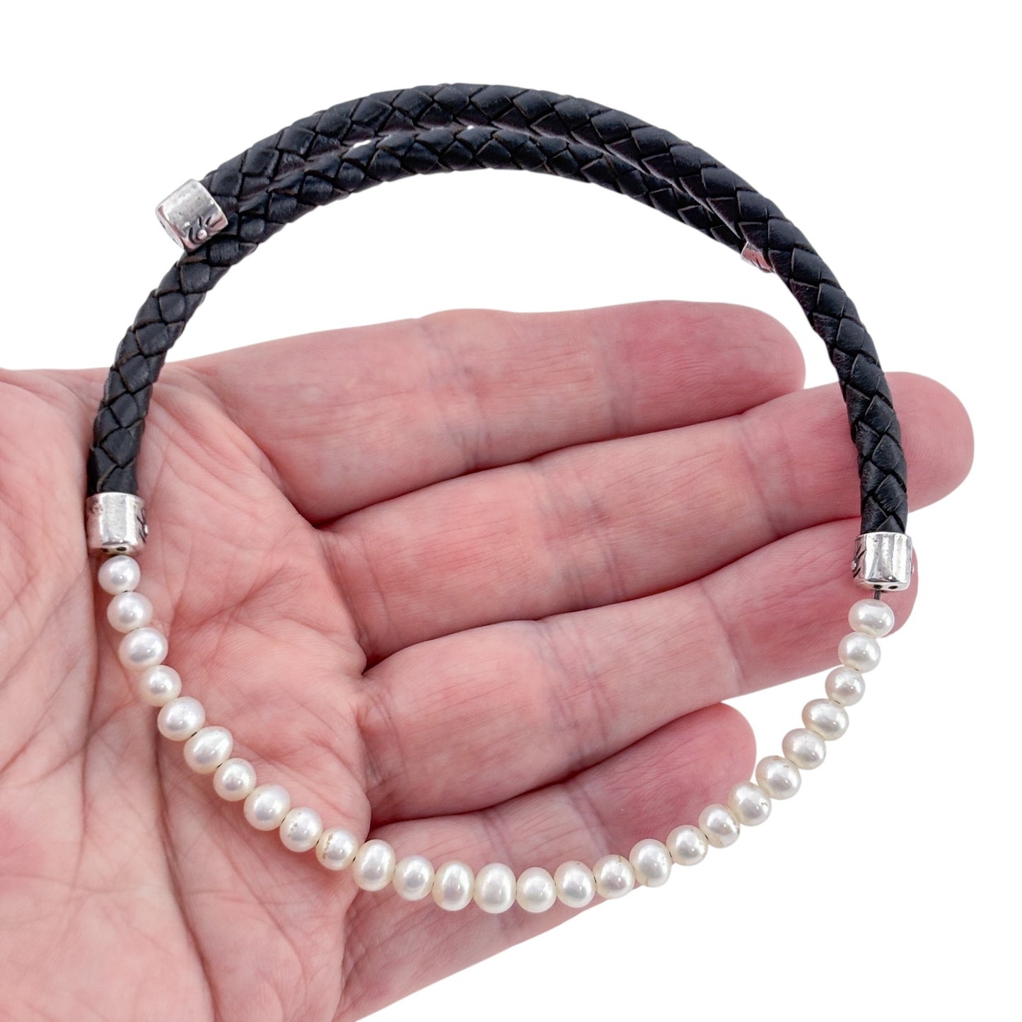 Vintage Sterling Silver 925 Black Braided Leather Pearl Necklace 16.5"
