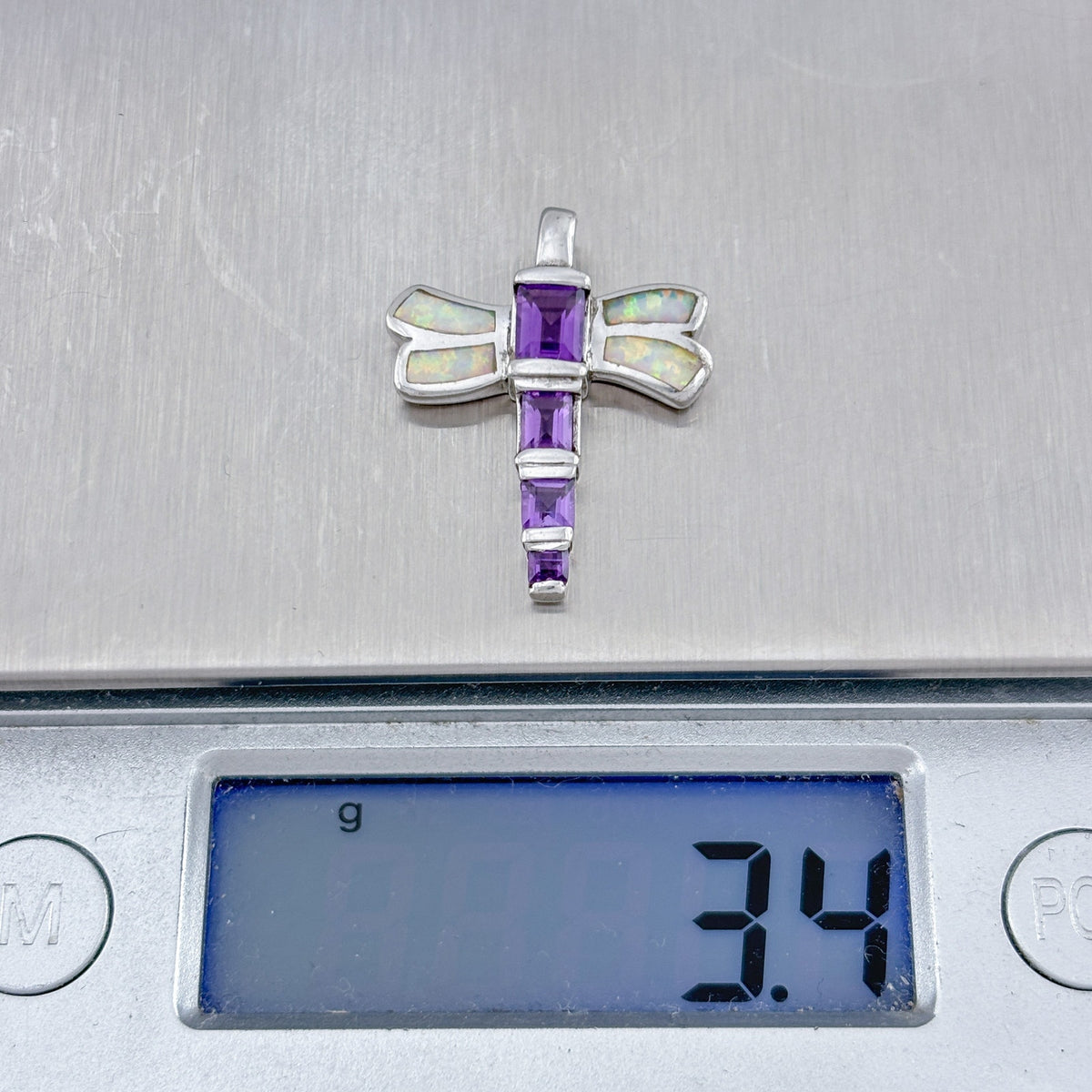 Vintage Sterling Silver 925 Opal & Amethyst Dragonfly Pendant