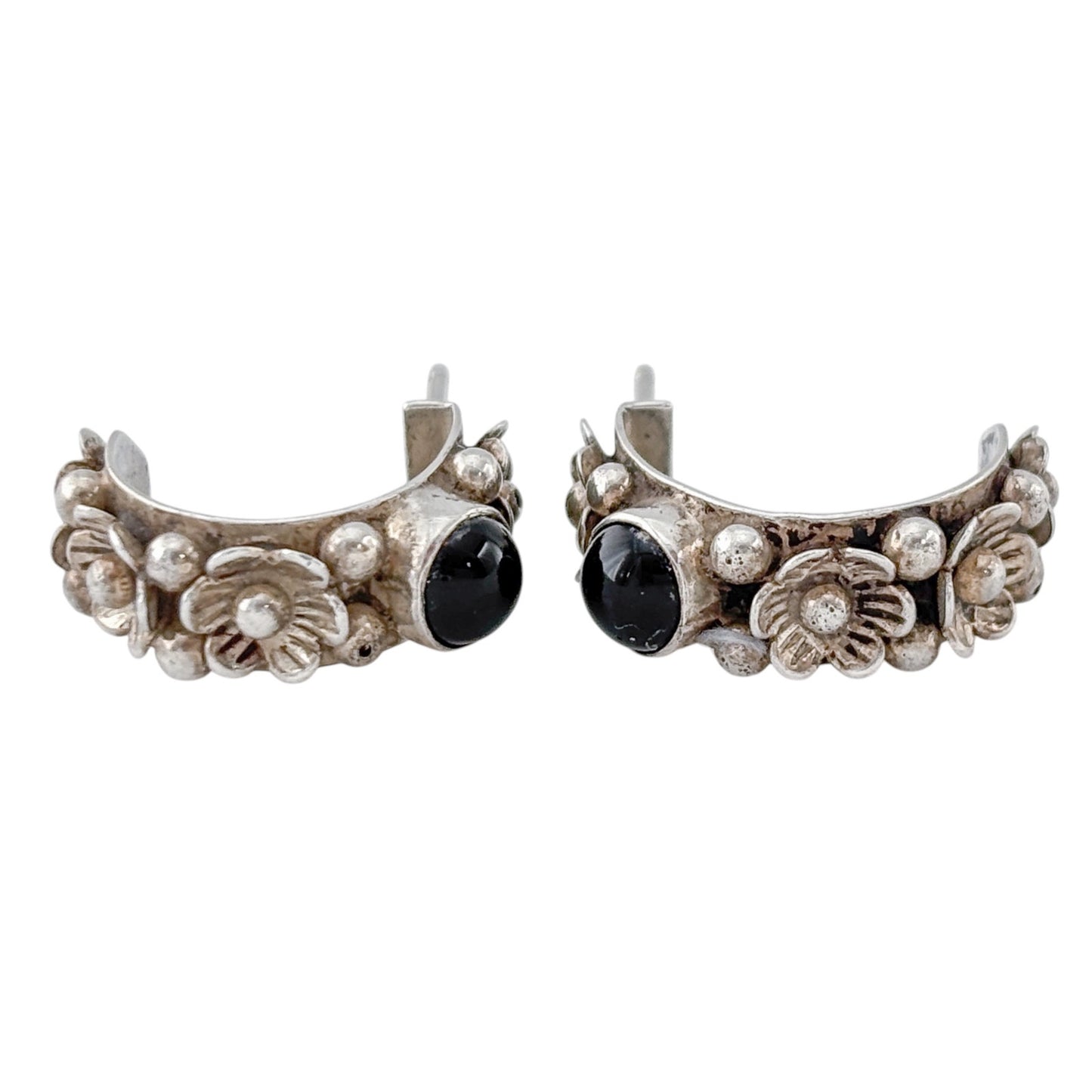 Vintage Sterling Silver 925 Onyx Floral Hoop Earrings