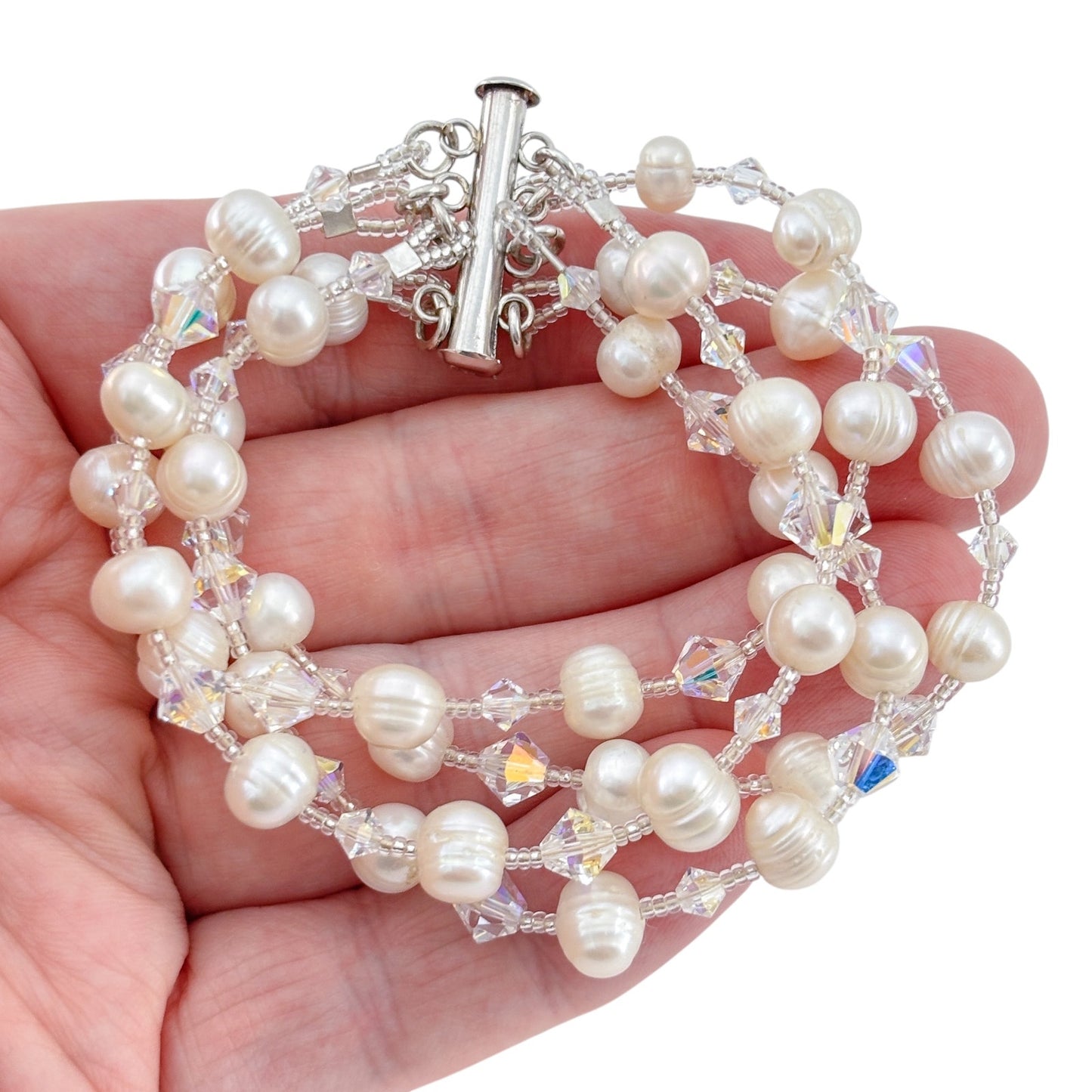 Vintage Sterling Silver 925 Pearl Crystal Bracelet 7.25"