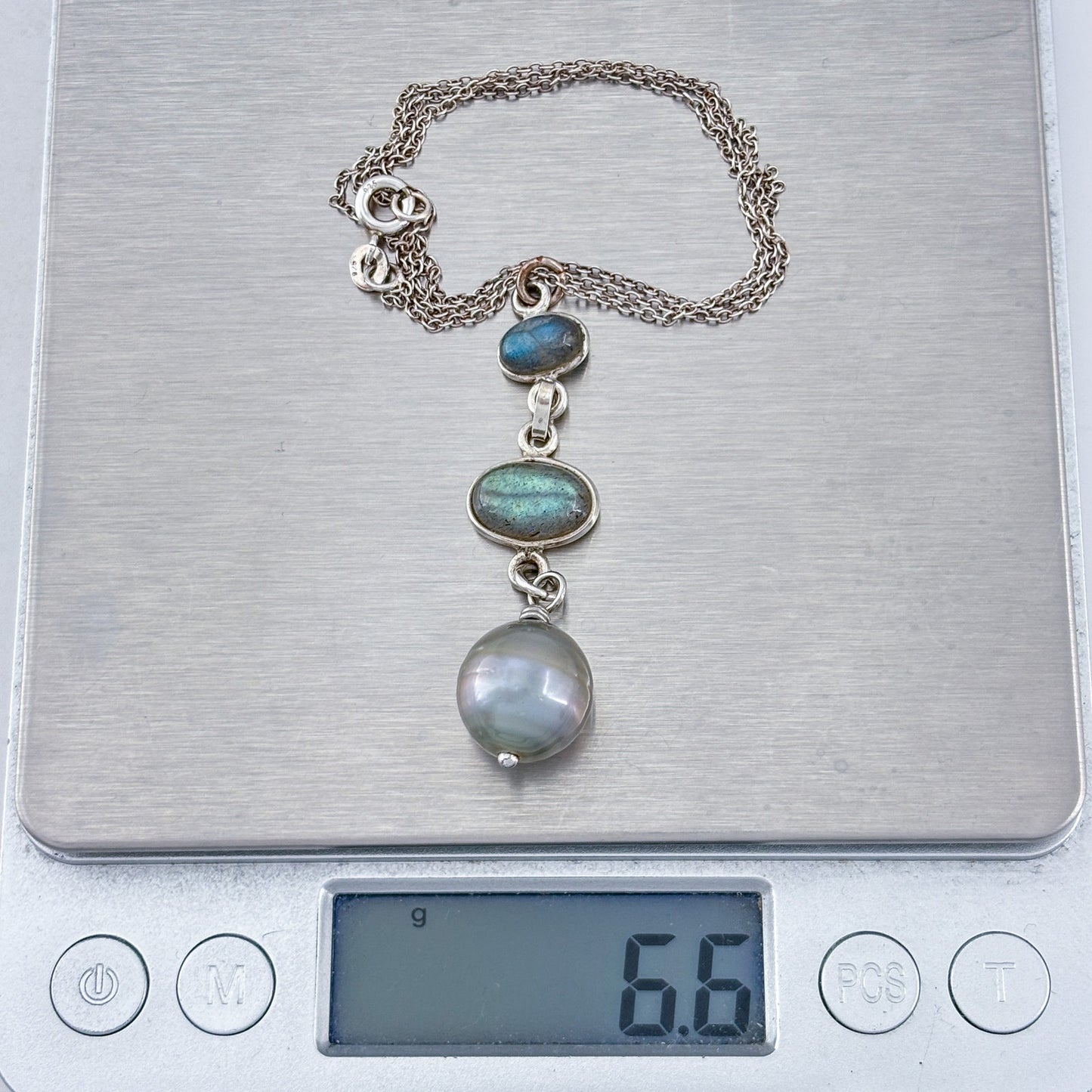 Vintage Sterling Silver 925 Labradorite Pearl Pendant Necklace 18"
