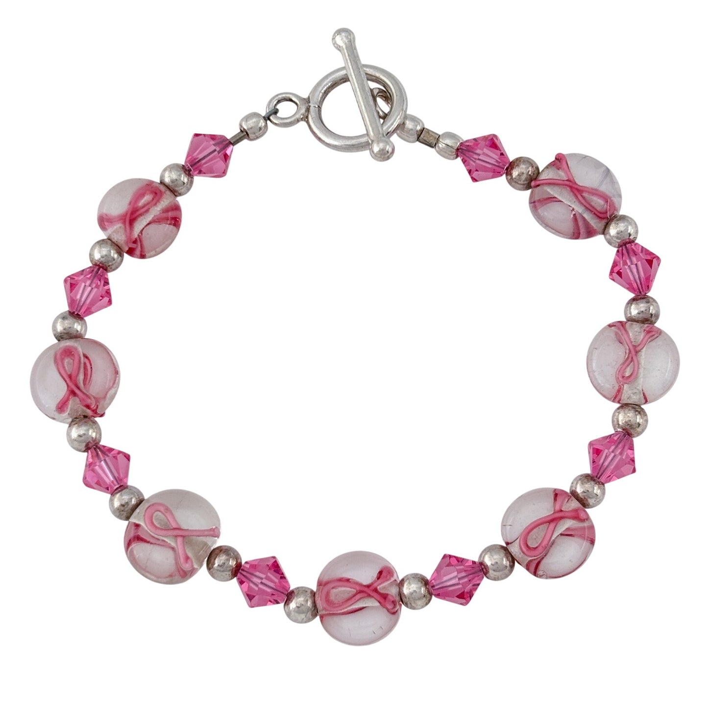 Vintage Sterling Silver 925 Lampwork Glass Pink Ribbon Awareness Bracelet 7.5"