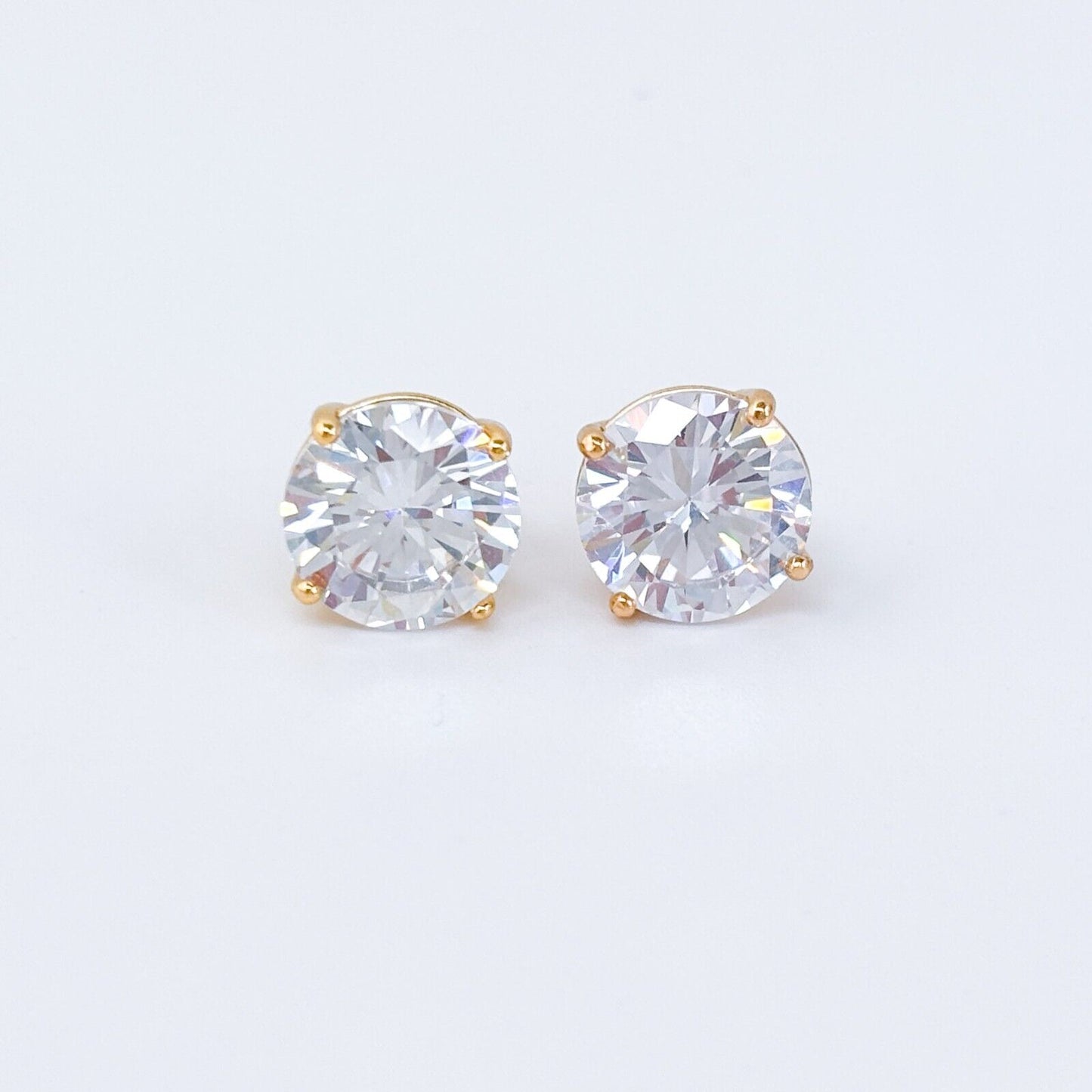 Vintage Sterling Silver 925 Gold-Tone 8mm Cubic Zirconia Stud Earrings